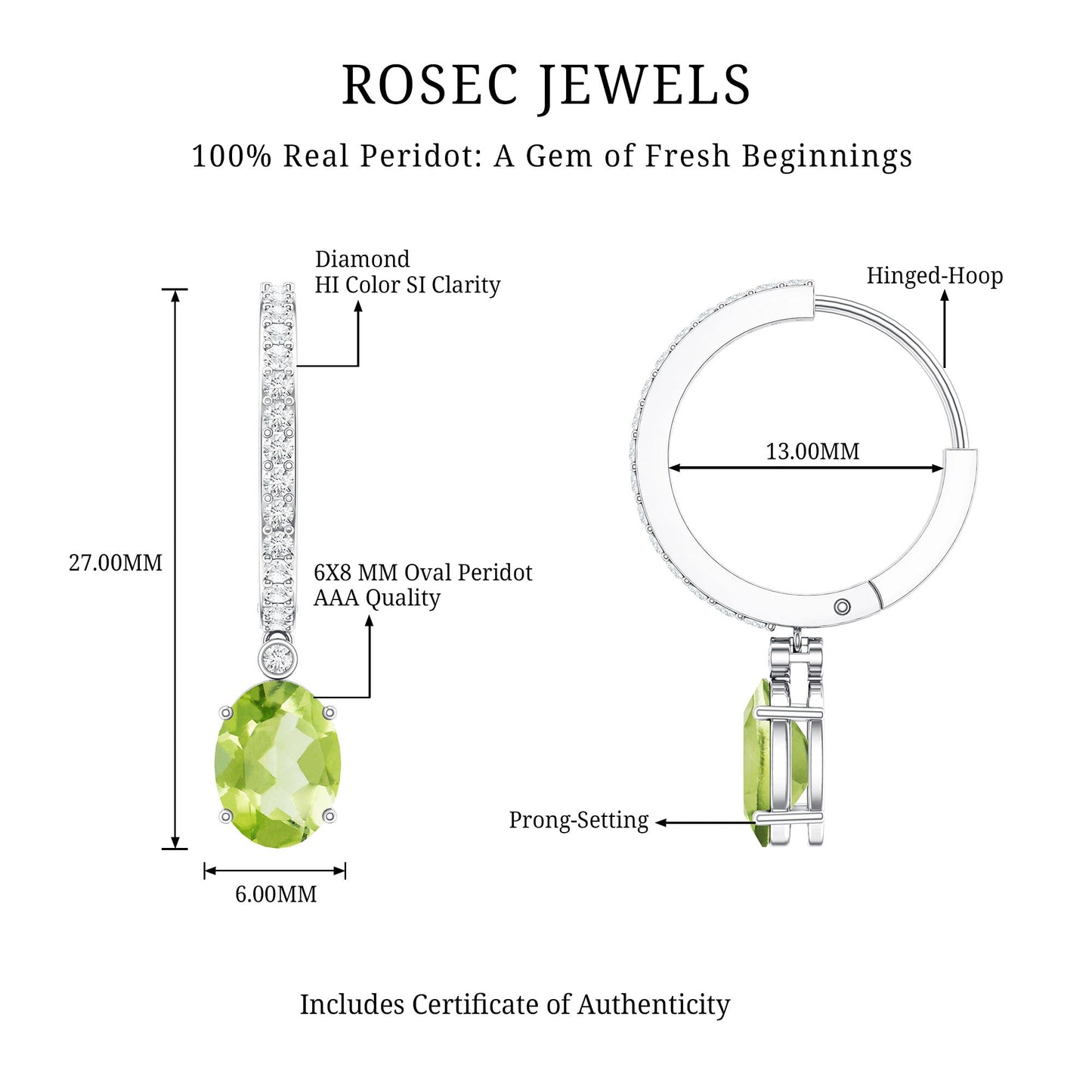 Natural 2.2 Carat Peridot Drop Hoop Earrings with Diamond