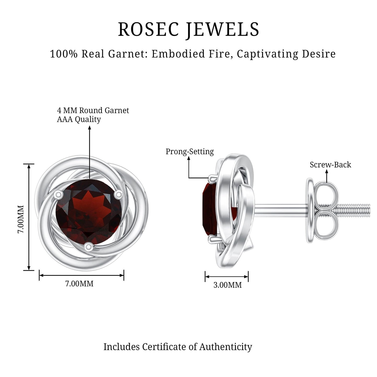 Solitaire 0.6 Carat Garnet Swirl Stud Earrings in 3 Prong Setting