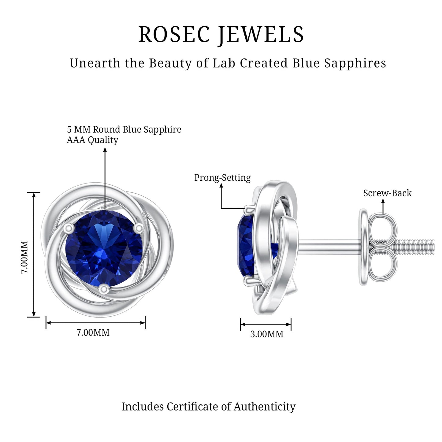 Created Blue Sapphire Solitaire Swirl Stud Earrings