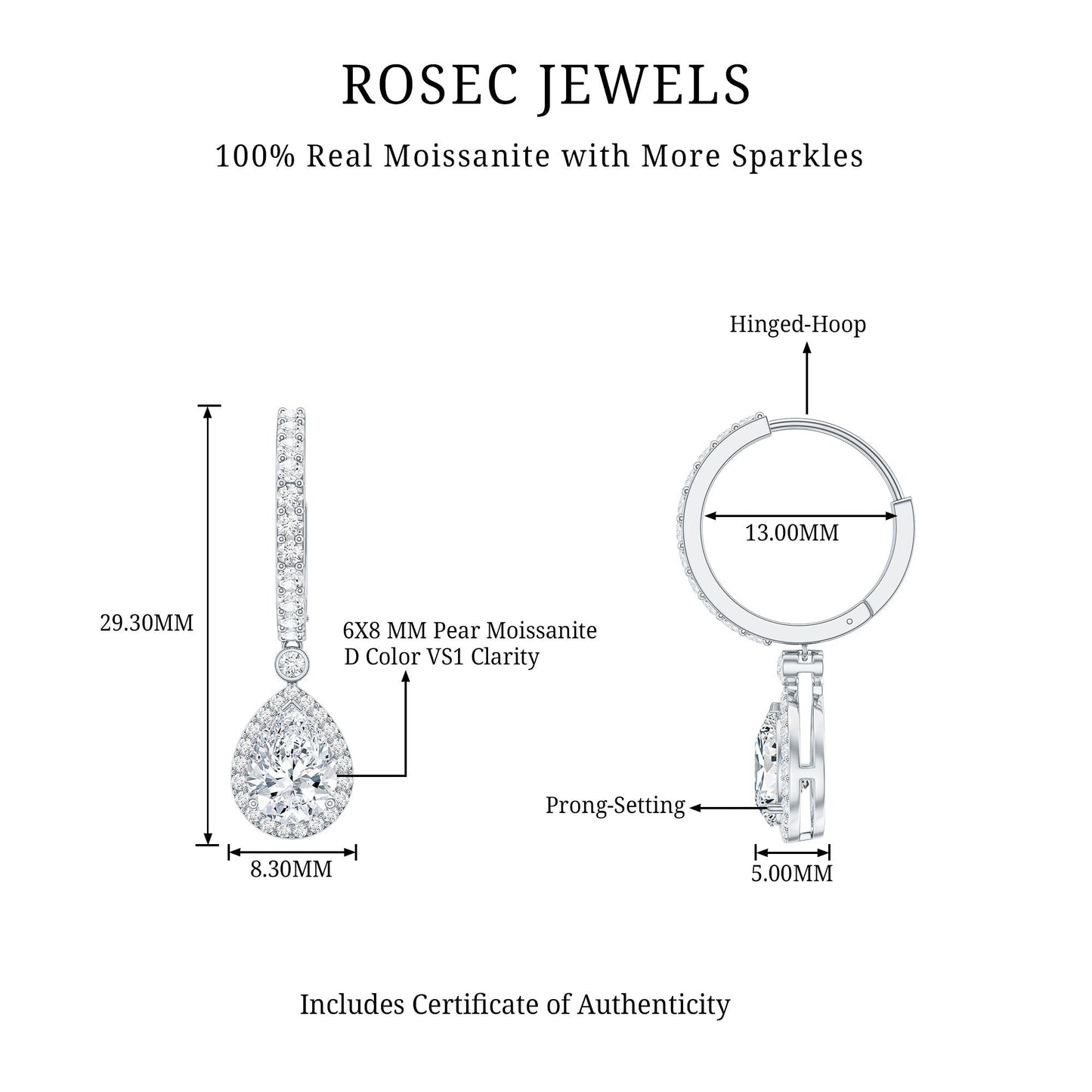 Certified Moissanite Teardrop Earrings with Hinged Hoop