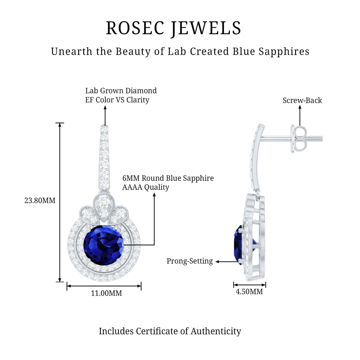 Classic Lab Grown Blue Sapphire Wedding Earrings with Diamonds Halo
