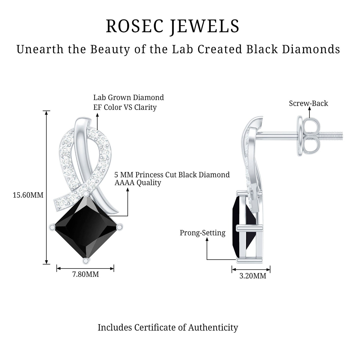 Lab Grown Black Diamond Minimal Stud Earrings With Screw Back