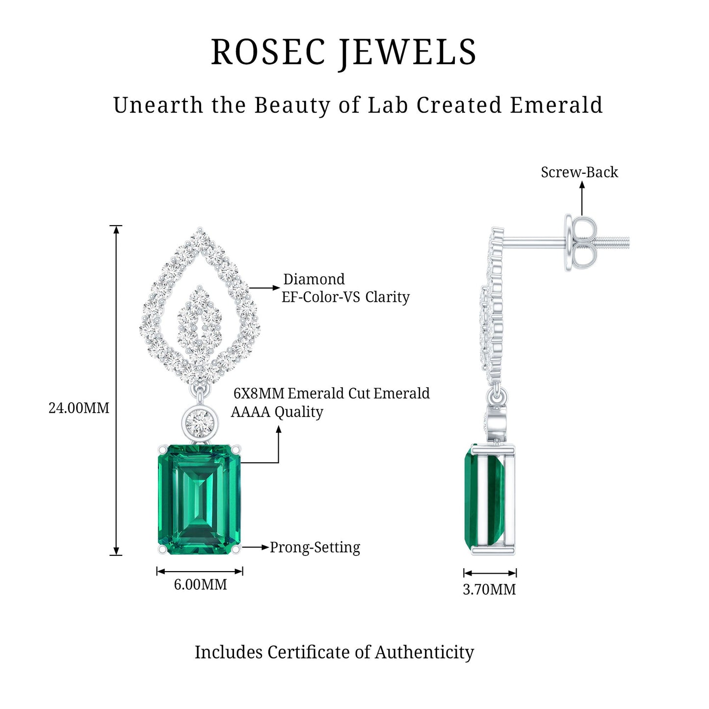 Art Deco Lab Grown Emerald Diamond Drop Earrings With Screw Back