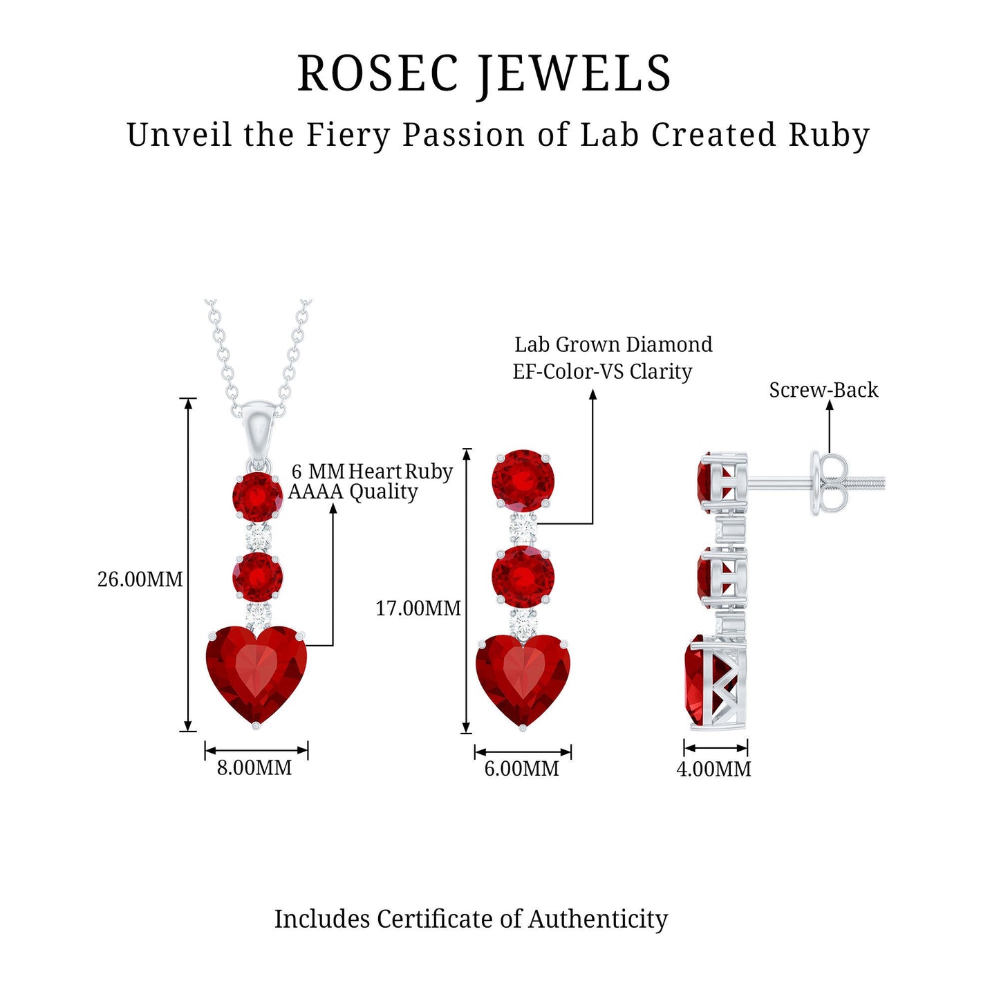 Certified Lab Grown Ruby Heart Necklace and Earrings Set With Diamond
