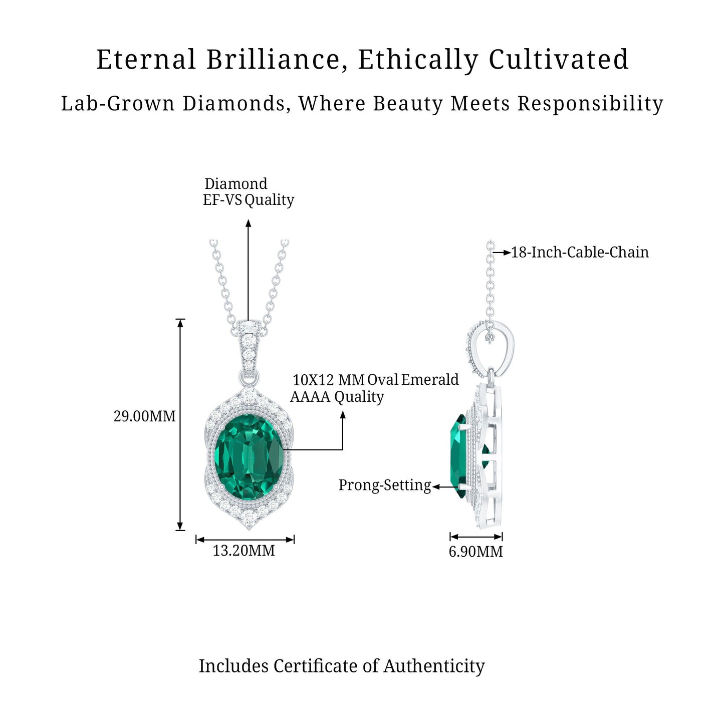 Art Deco Style 5 Carat Lab Grown Emerald Pendant Necklace with Diamond