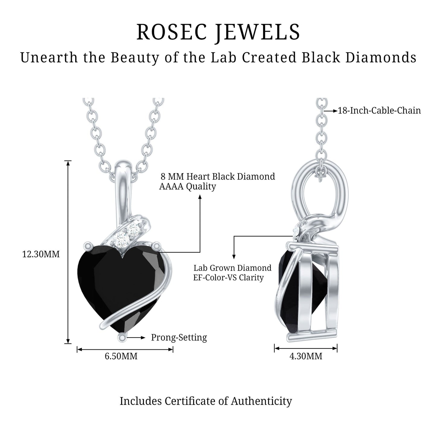 Certified 2.4 Carat Lab Grown Black Diamond Heart Necklace