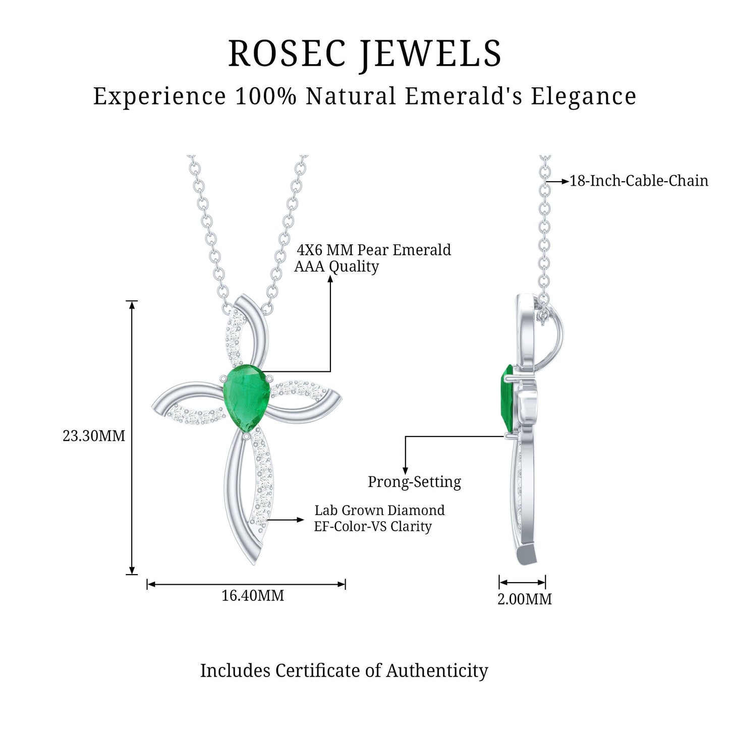 Pear Cut Emerald Cross Pendant With Lab Grown Diamond