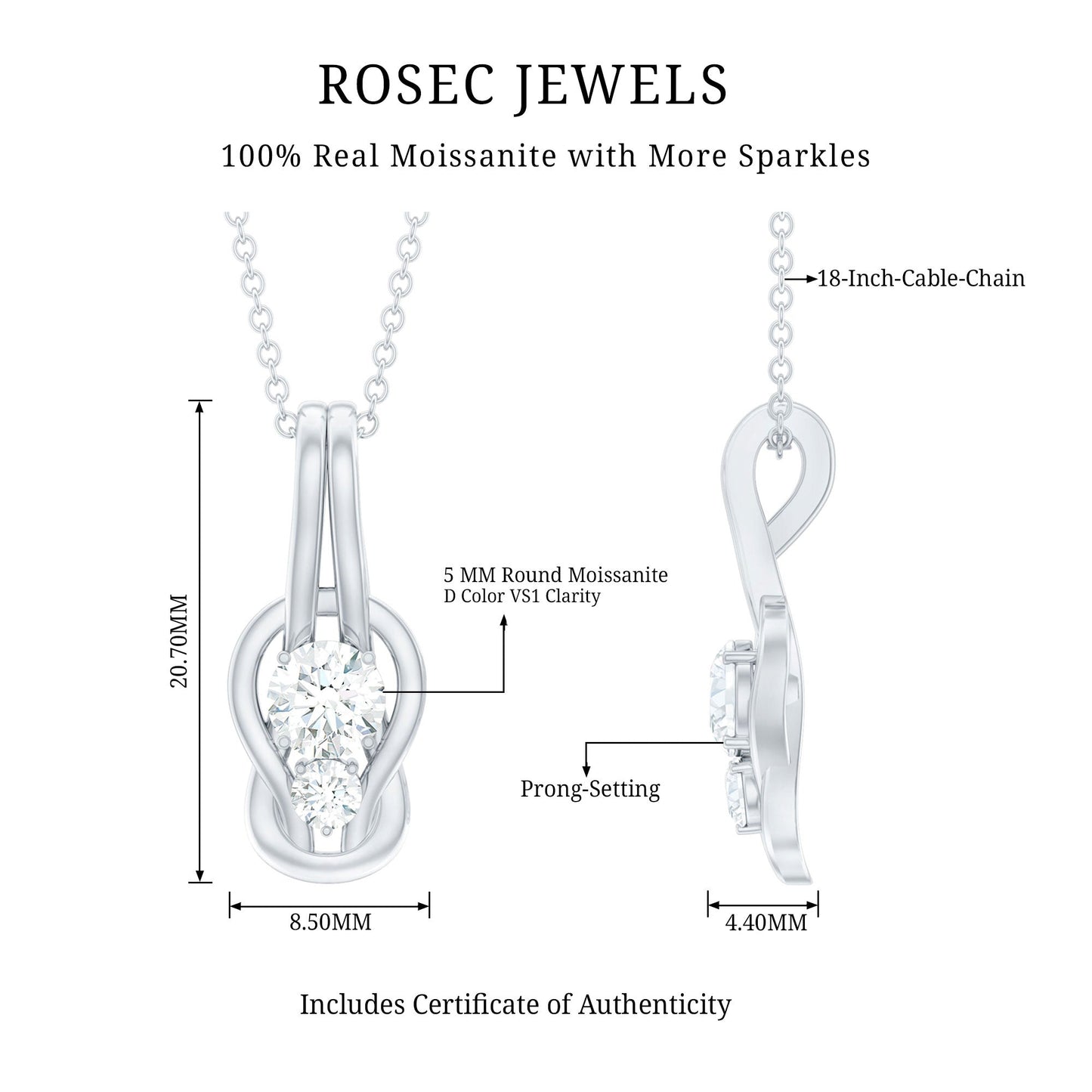 Two Stone Moissanite Infinity Knot Necklace with Certificate