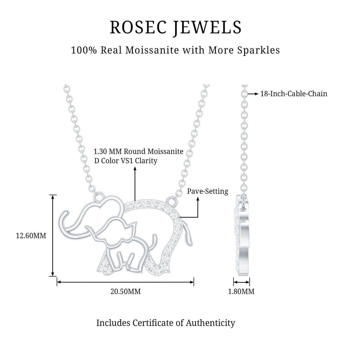 Cute Mother and Baby Elephant Necklace with Moissanite