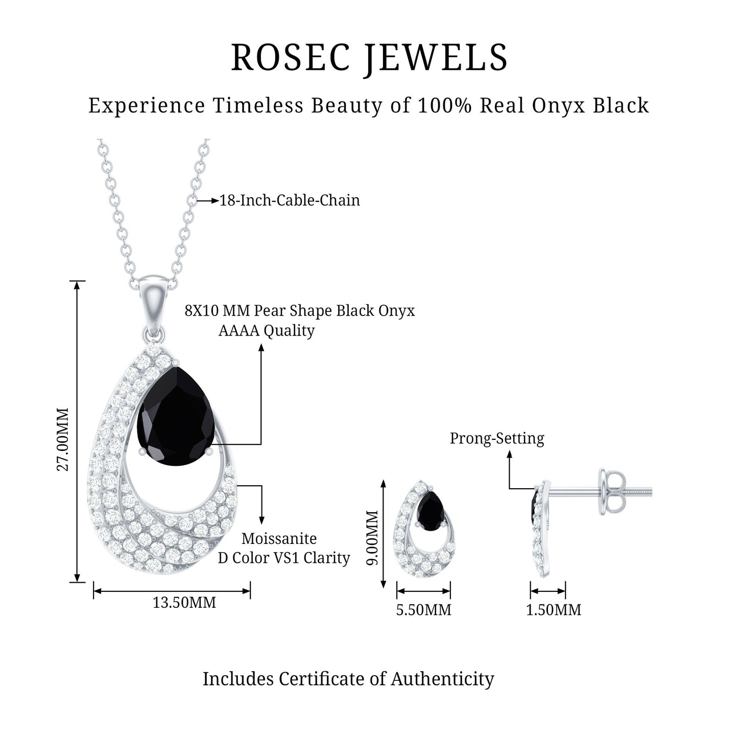 Natural Black Onyx Teardrop Necklace and Earrings Set with Certificate