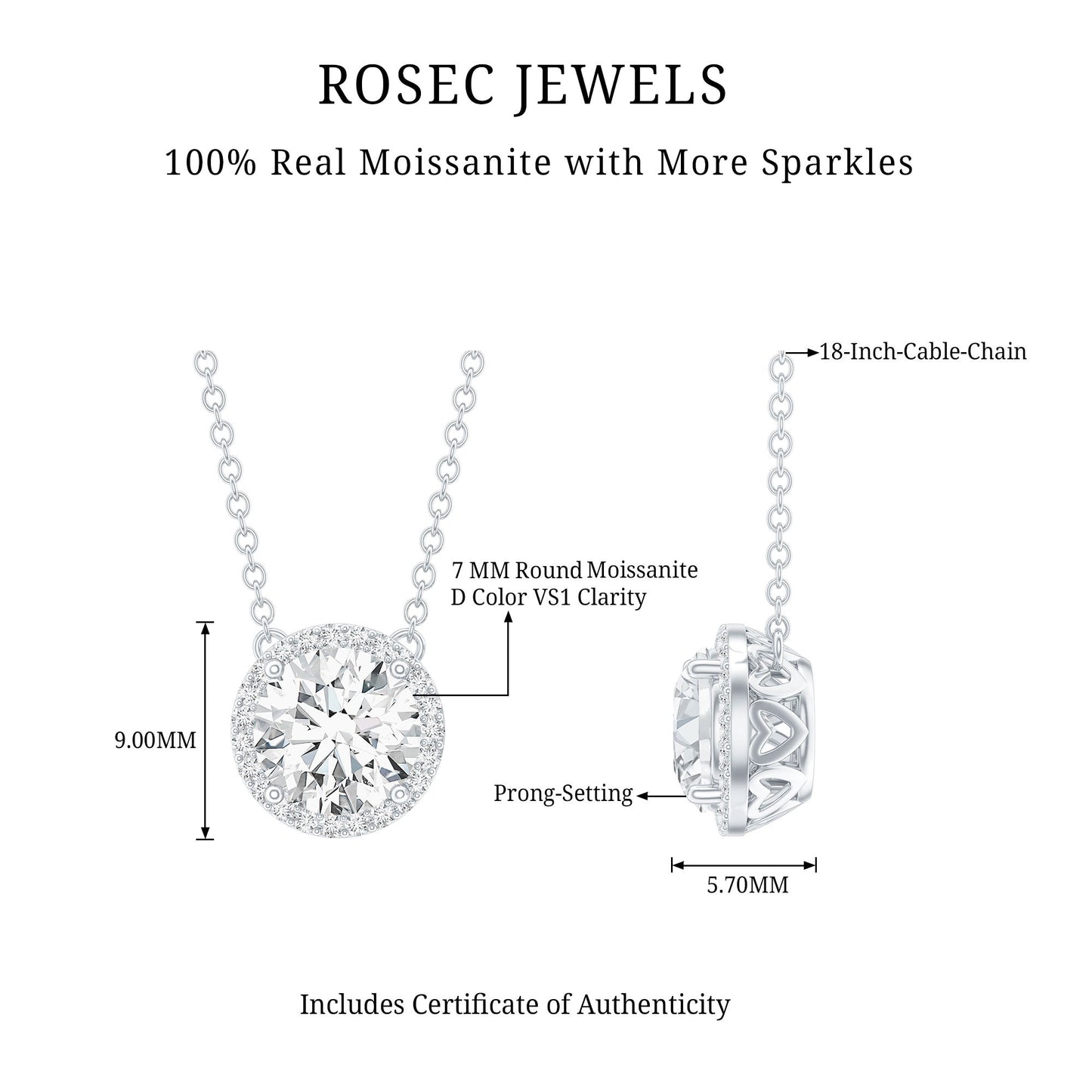 Certified Moissanite Halo Pendant Necklace in Prong Setting