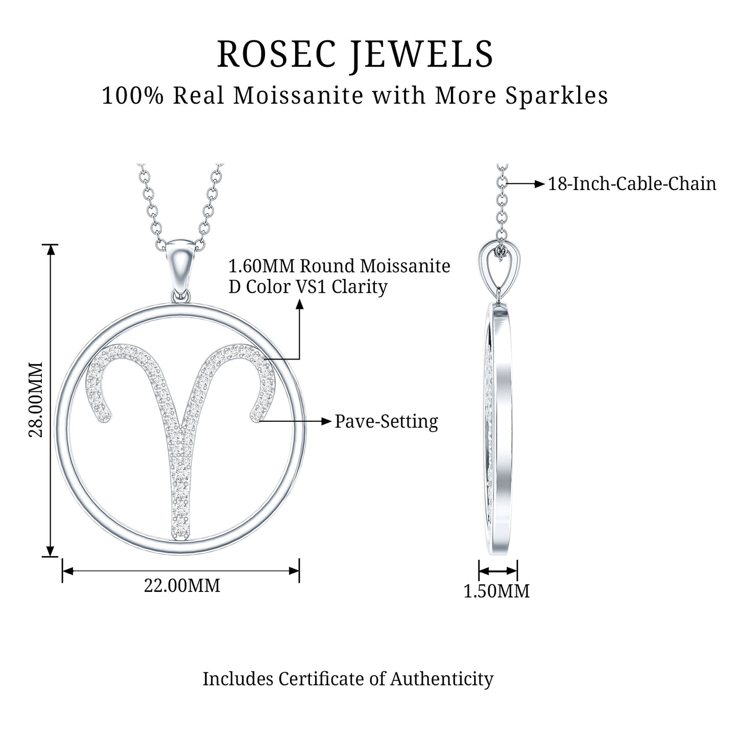 Certified Moissanite Aries Zodiac Sign Pendant Necklace
