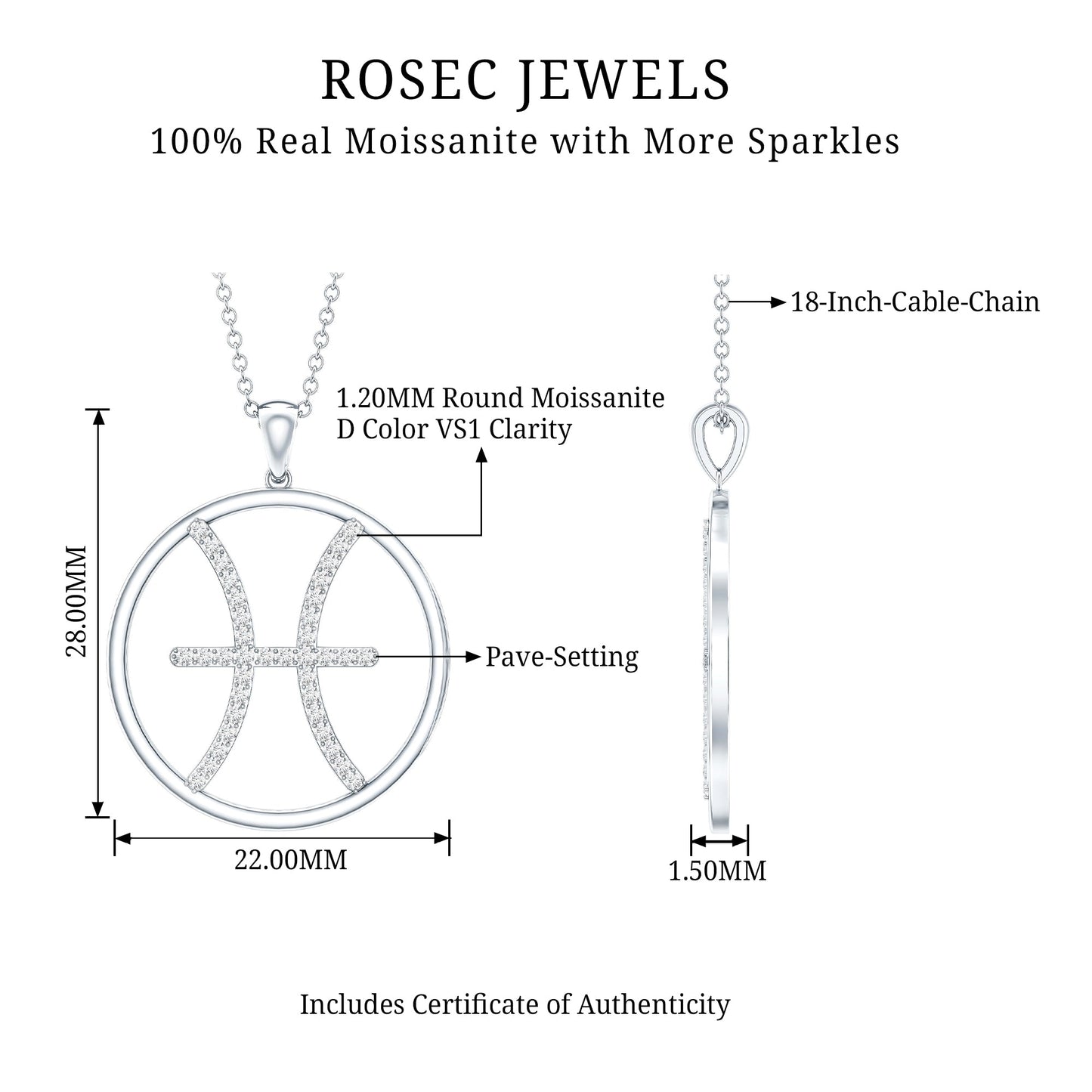 Certified Moissanite Pisces Zodiac Sign Pendant Necklace