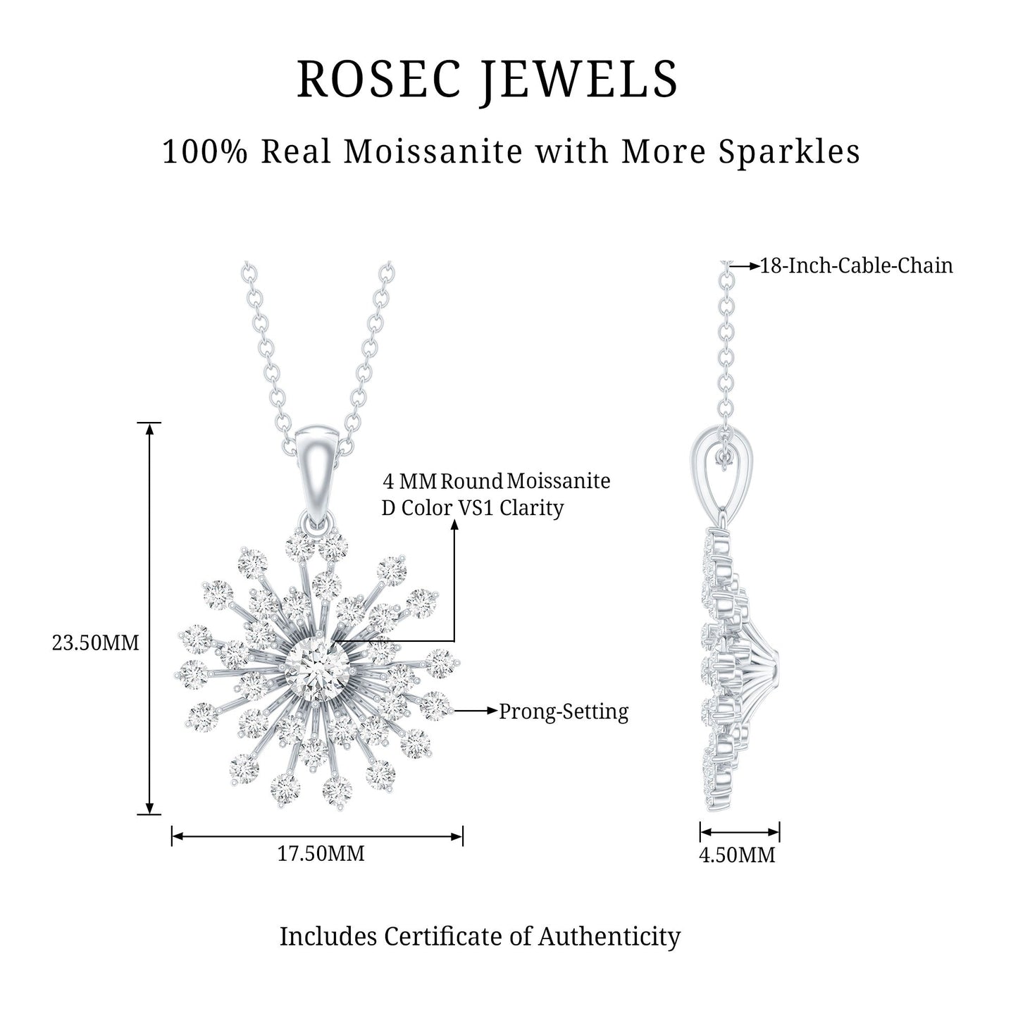 Certified Moissanite Sunburst Pendant for Women