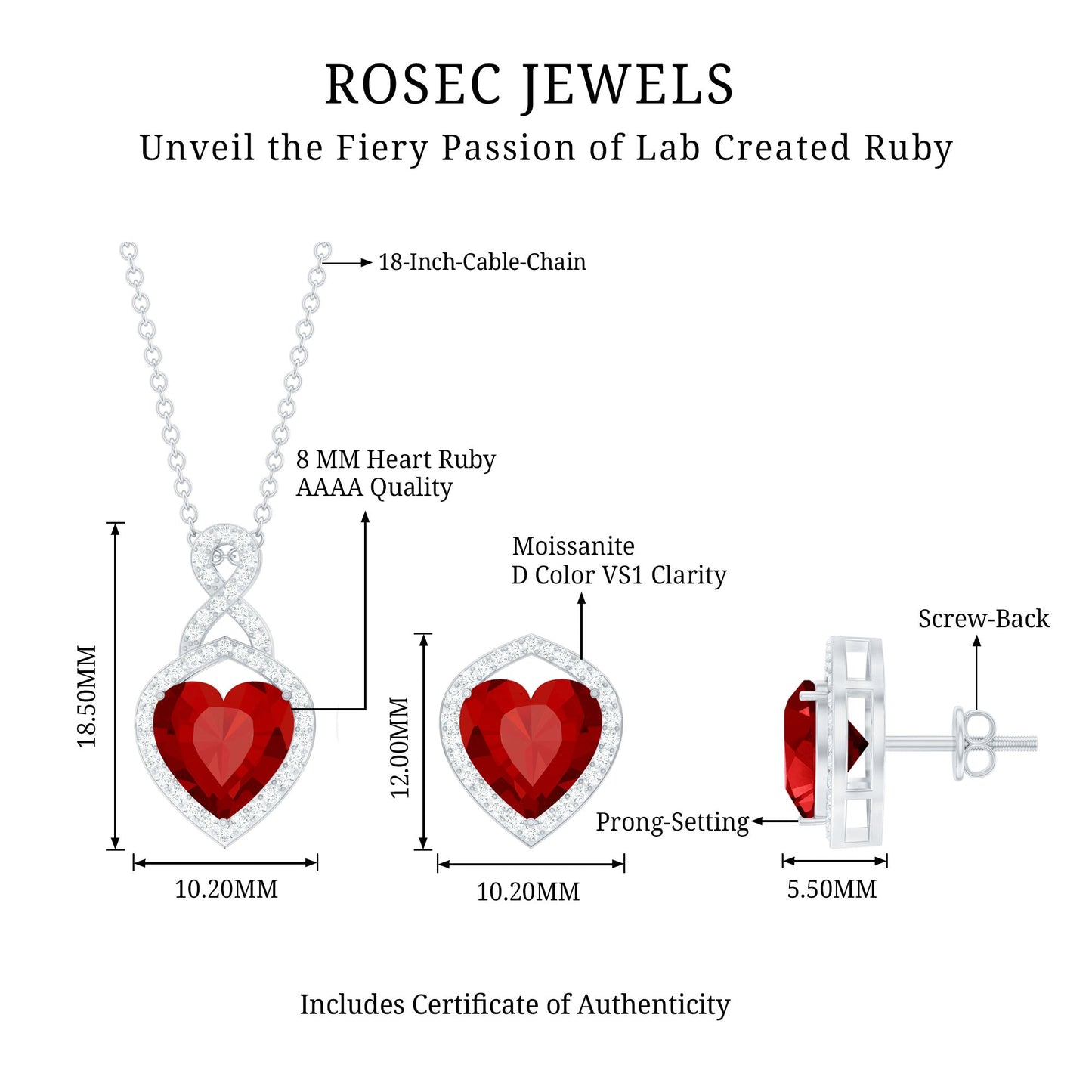 6 Carat Heart Shape Lab Created Ruby Pendant and Earrings Set