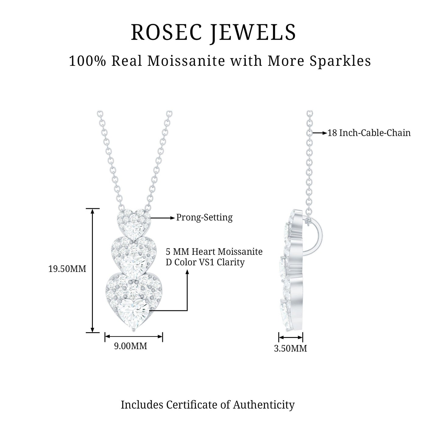 Certified Moissanite Dangle Heart Pendant Necklace