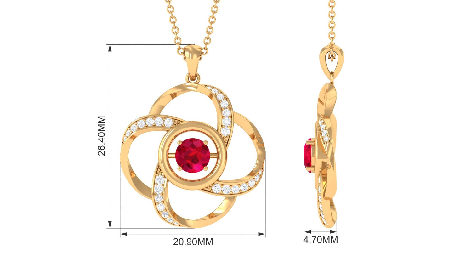 Modern Flower Pendant with Round Created Ruby and Diamond