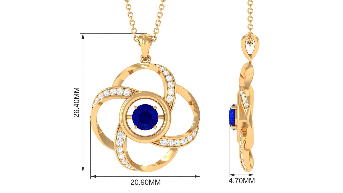 Modern Flower Pendant with Round Created Blue Sapphire and Diamond