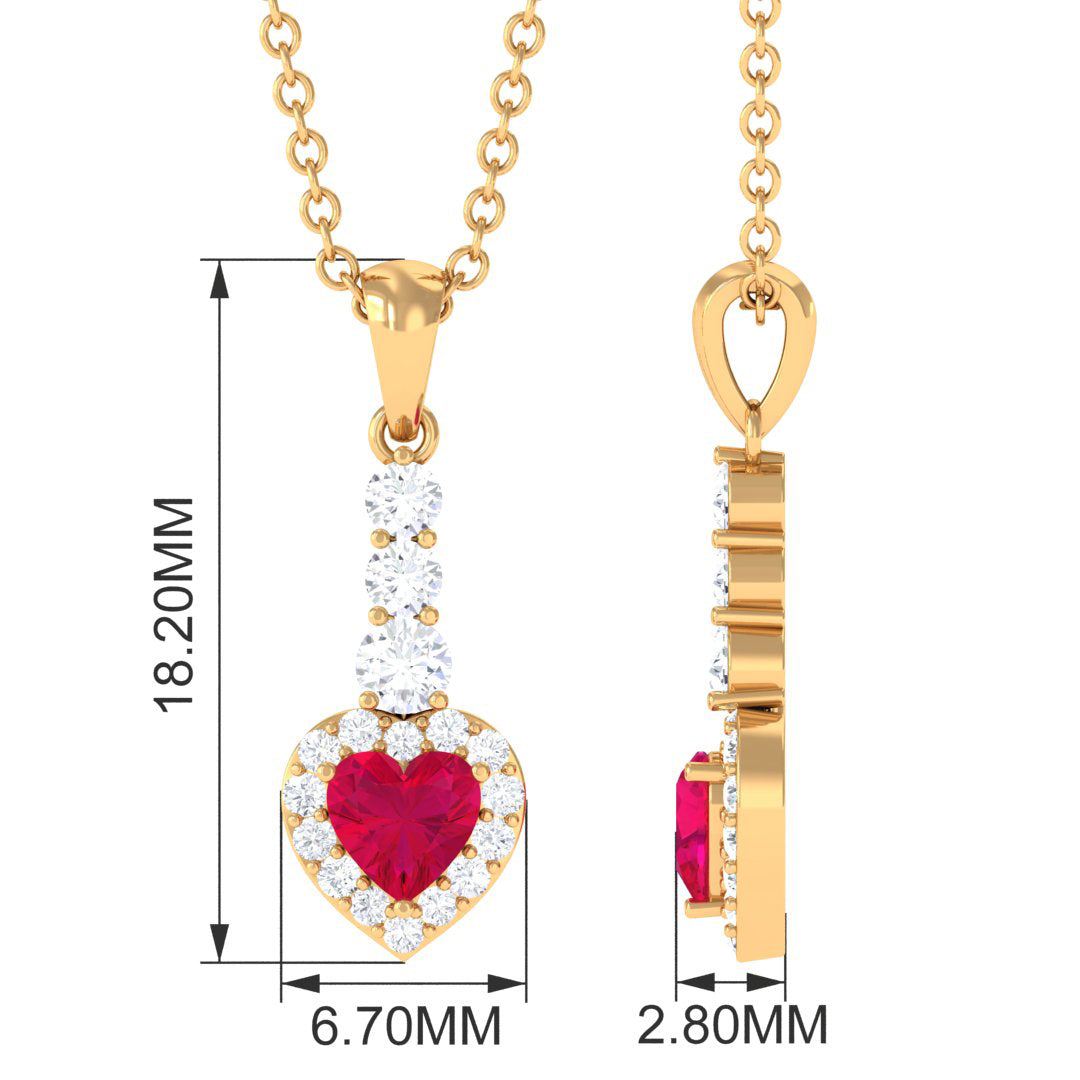 Natural Heart Shape Ruby and Diamond Drop Pendant Necklace