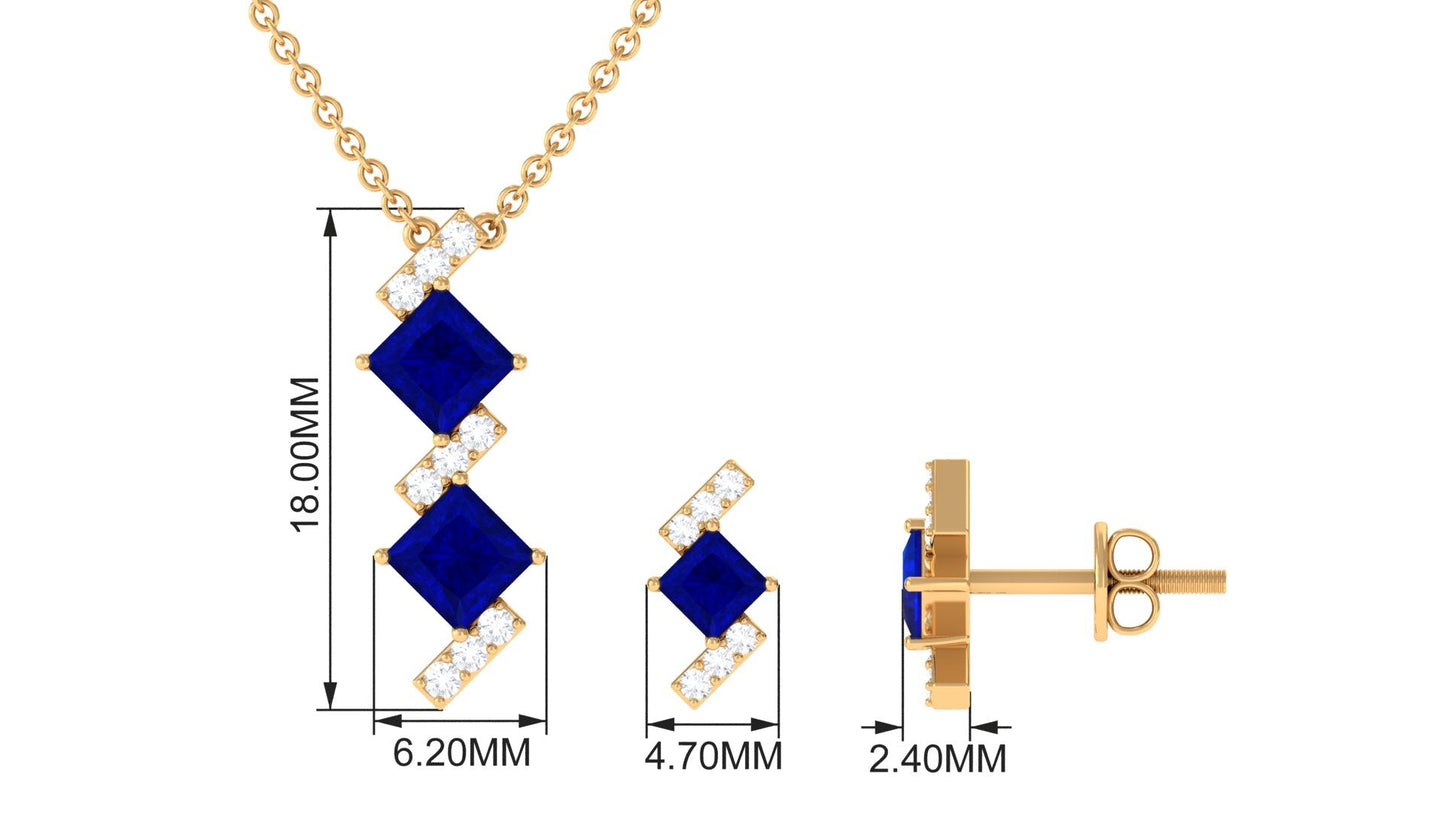 Princess Cut Created Blue Sapphire Modern Jewelry Set with Diamond