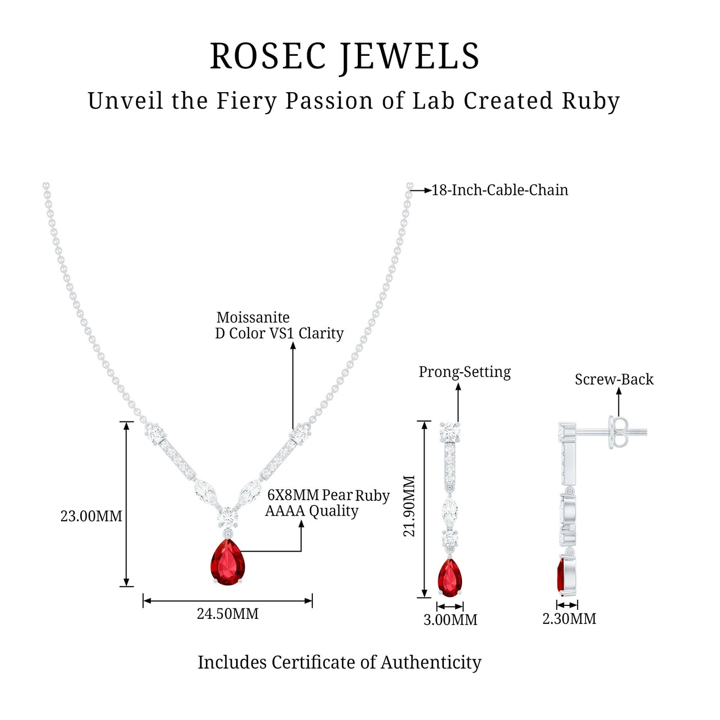 Lab Created Ruby and Moissanite Teardrop Necklace Earrings Set