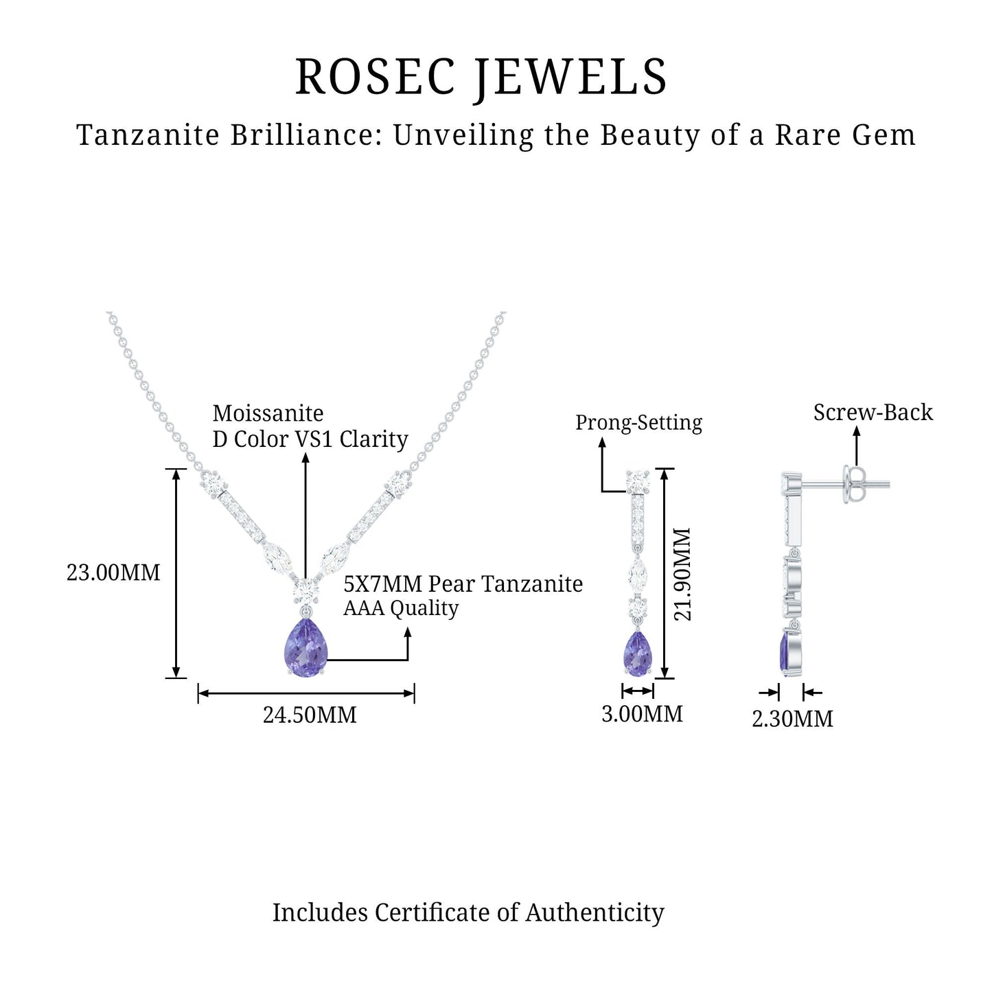 Tanzanite and Moissanite Drop Necklace Earrings Set