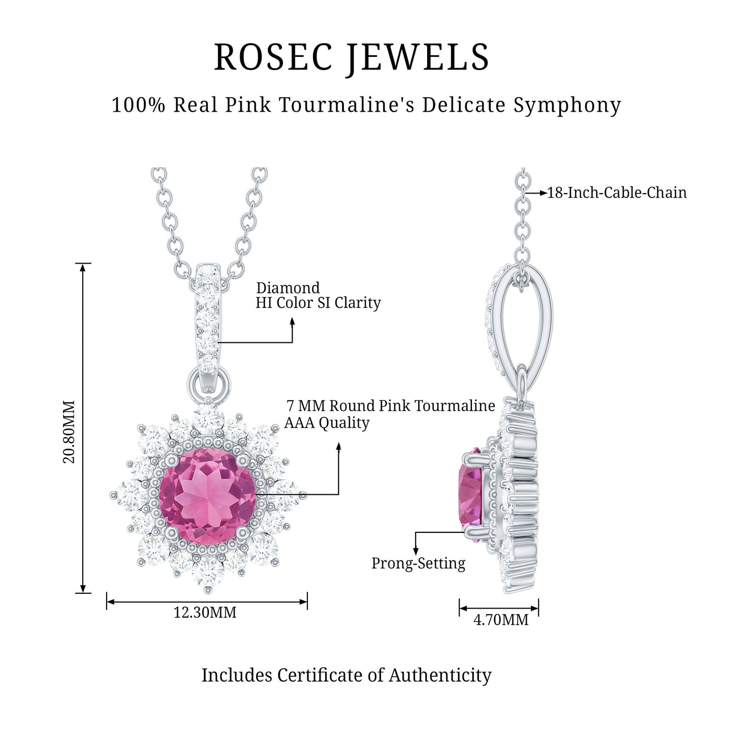 Natural 1.2 Carat Round Pink Tourmaline and Diamond Halo Pendant