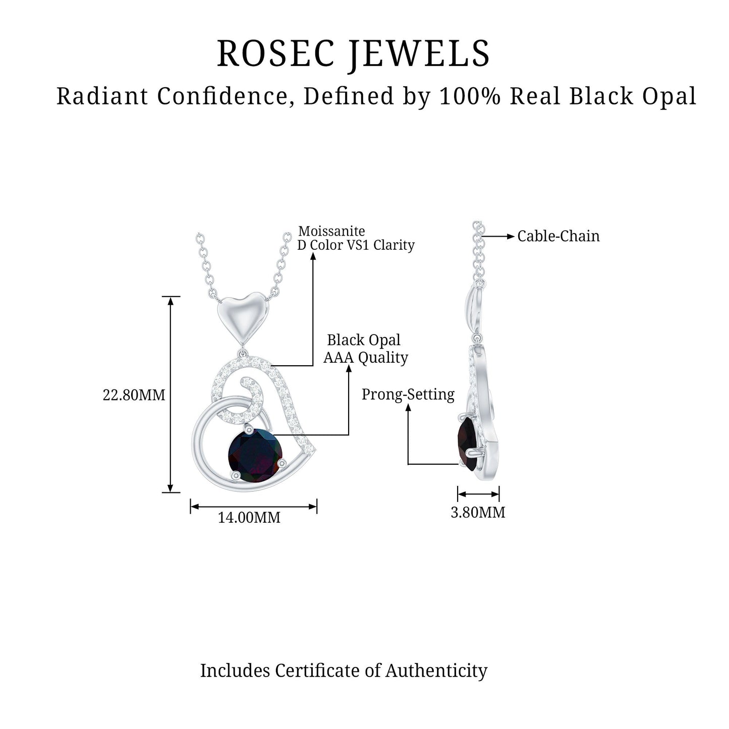 Genuine Black Opal and Moissanite Heart Drop Necklace