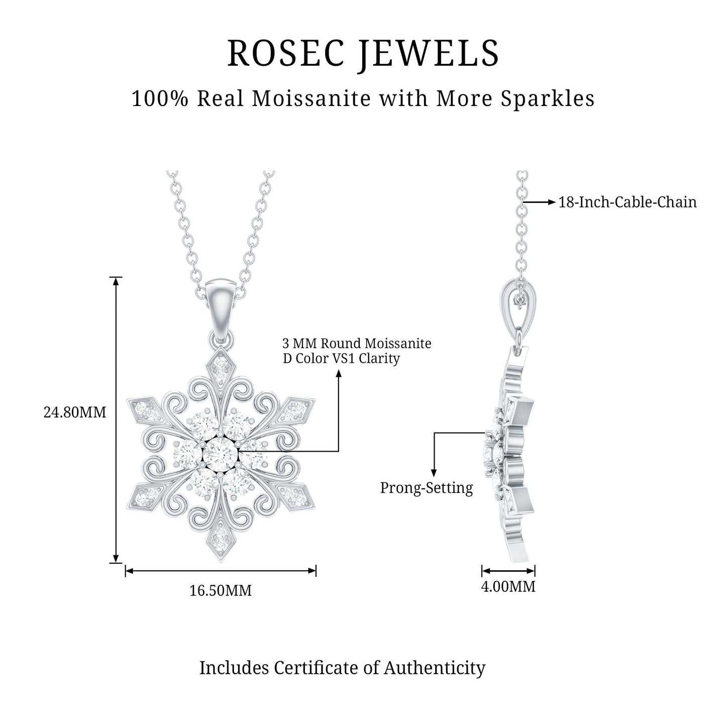 Vintage Inspired Moissanite Snowflake Pendant Necklace