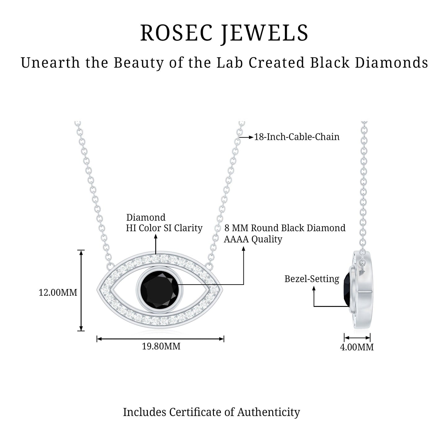 Gothic Lab Created Black Diamond Evil Eye Necklace With Diamond