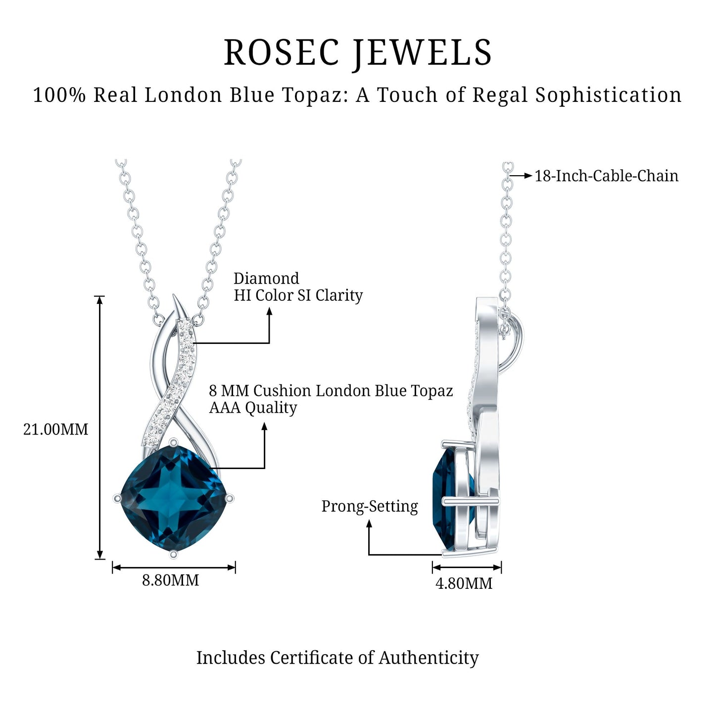 2.8 Carat Cushion Cut London Blue Topaz Infinity Pendant with Diamond