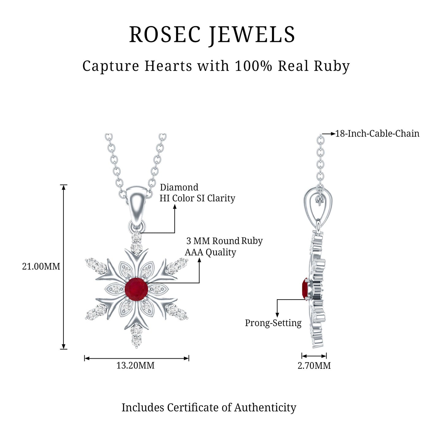 Natural Ruby and Diamond Snowflake Pendant Necklace