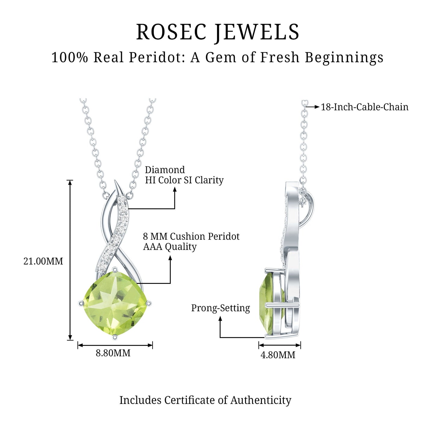 2 Carat Cushion Cut Peridot and Diamond Infinity Necklace