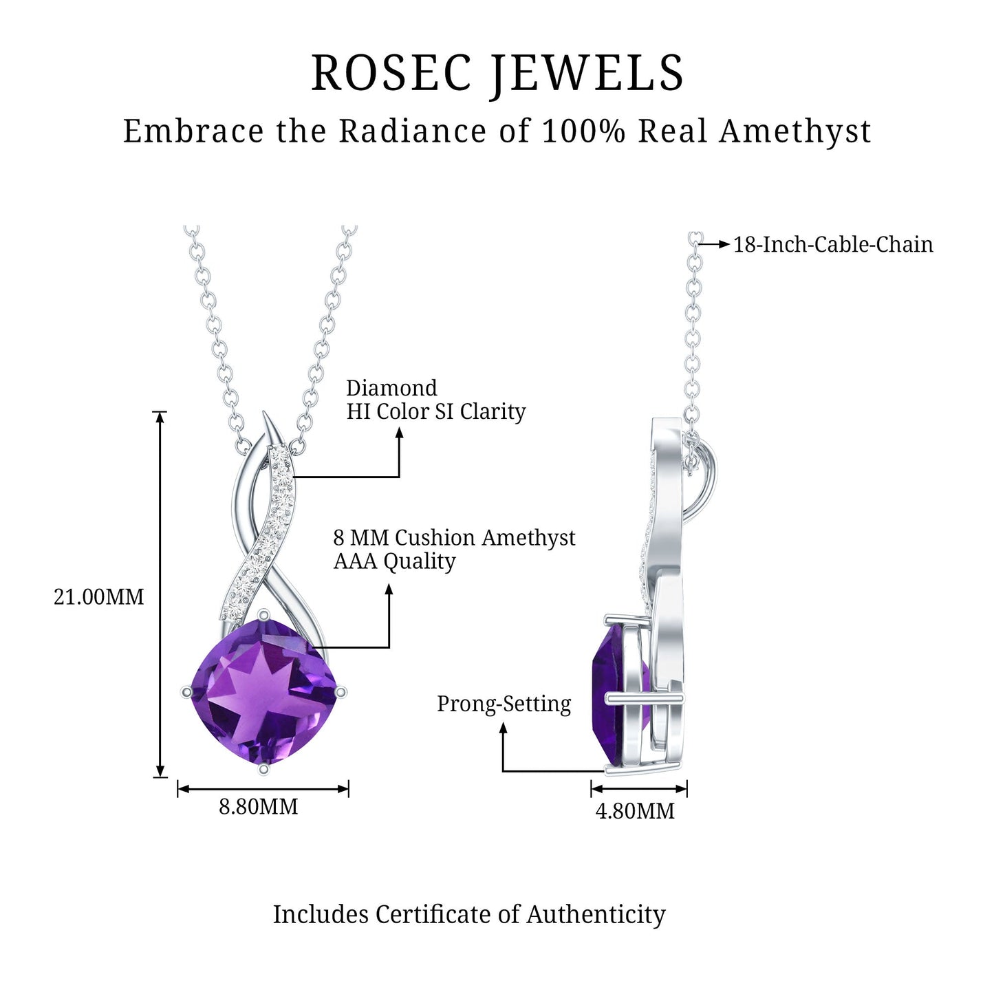 Natural 2 Carat Cushion Cut Amethyst Infinity Necklace with Diamond