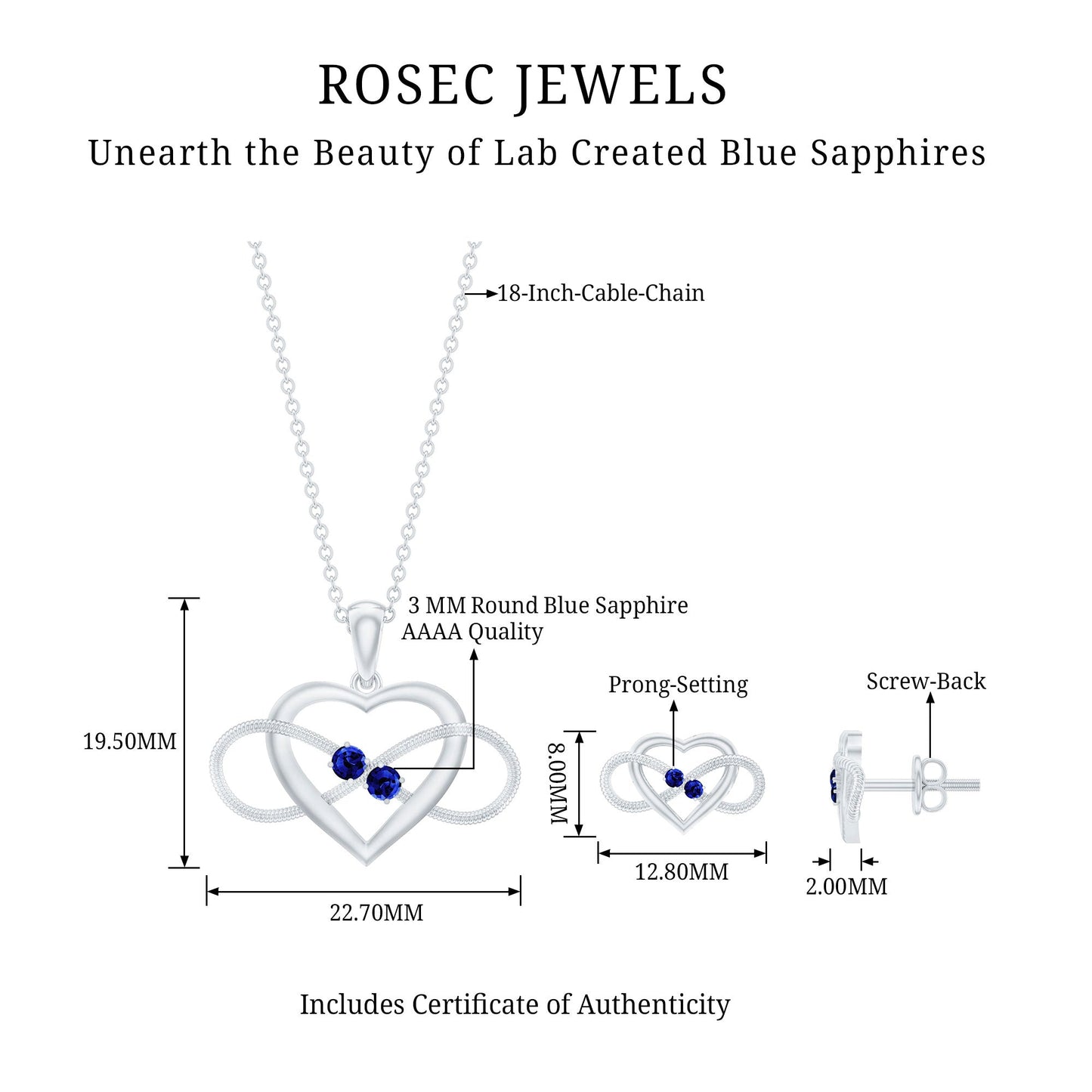 Lab Grown Blue Sapphire Infinity Heart Jewelry Set