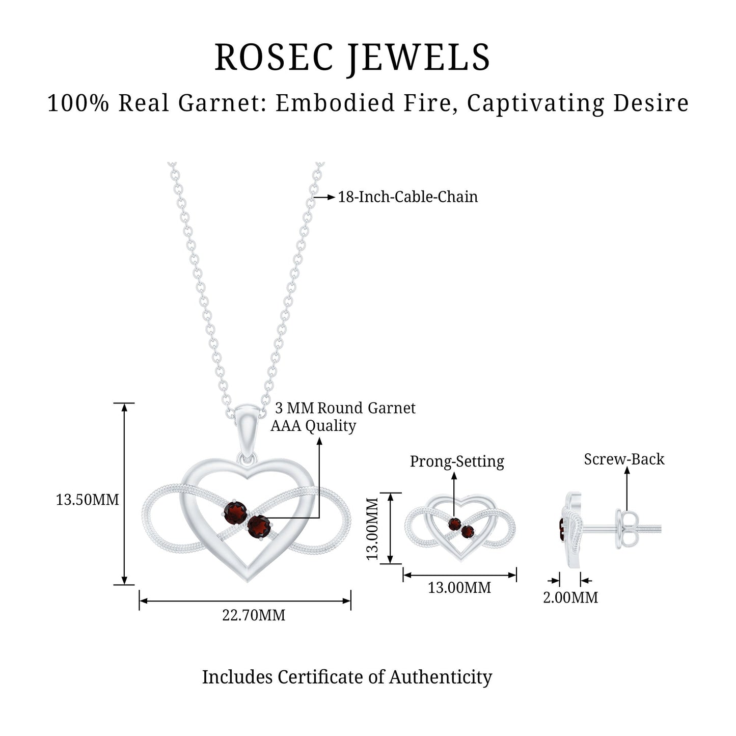 Natural Garnet Heart Infinity Necklace and Earrings Set