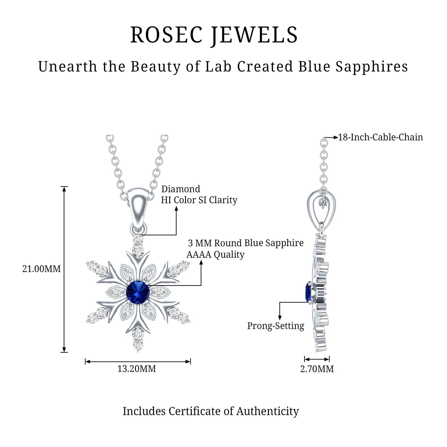 Lab Created Blue Sapphire Designer Snowflake Pendant with Diamond