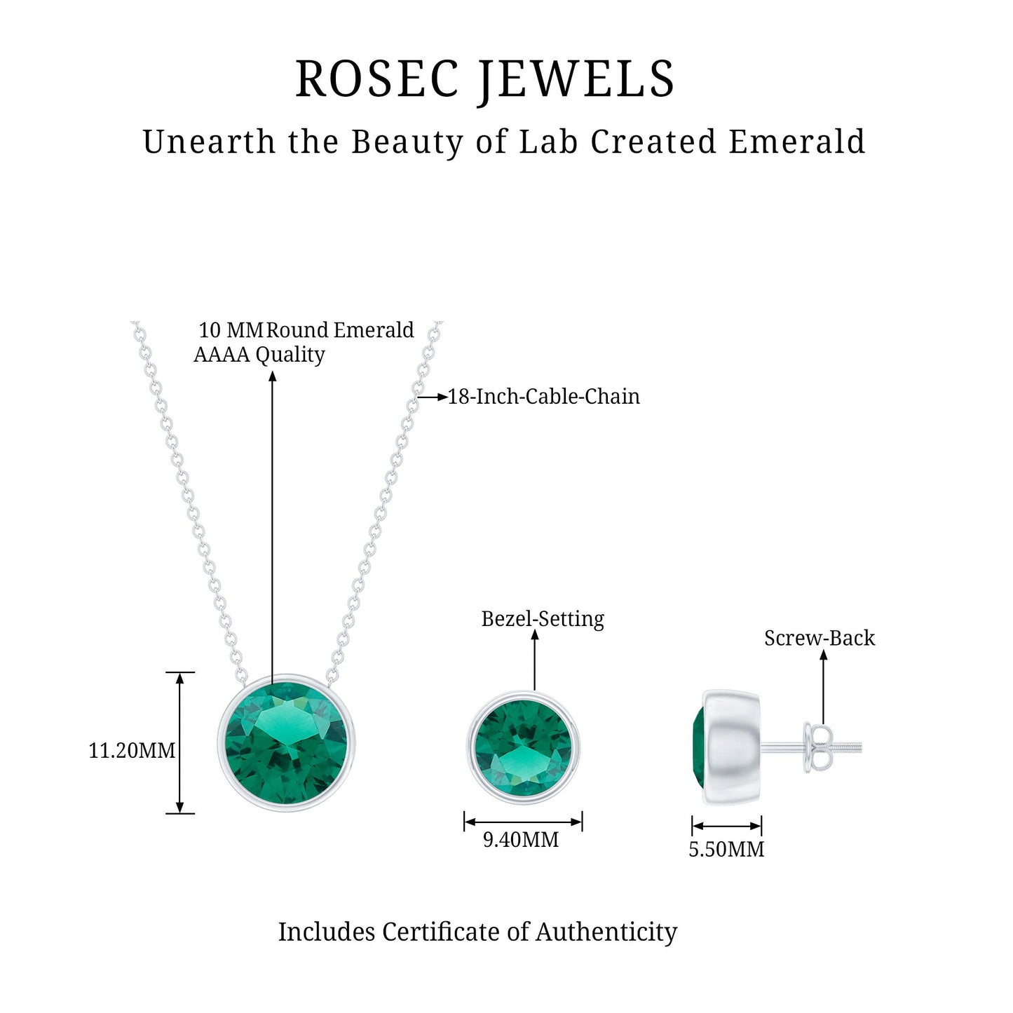 Certified Created Emerald Solitaire Jewelry Set in Bezel Setting