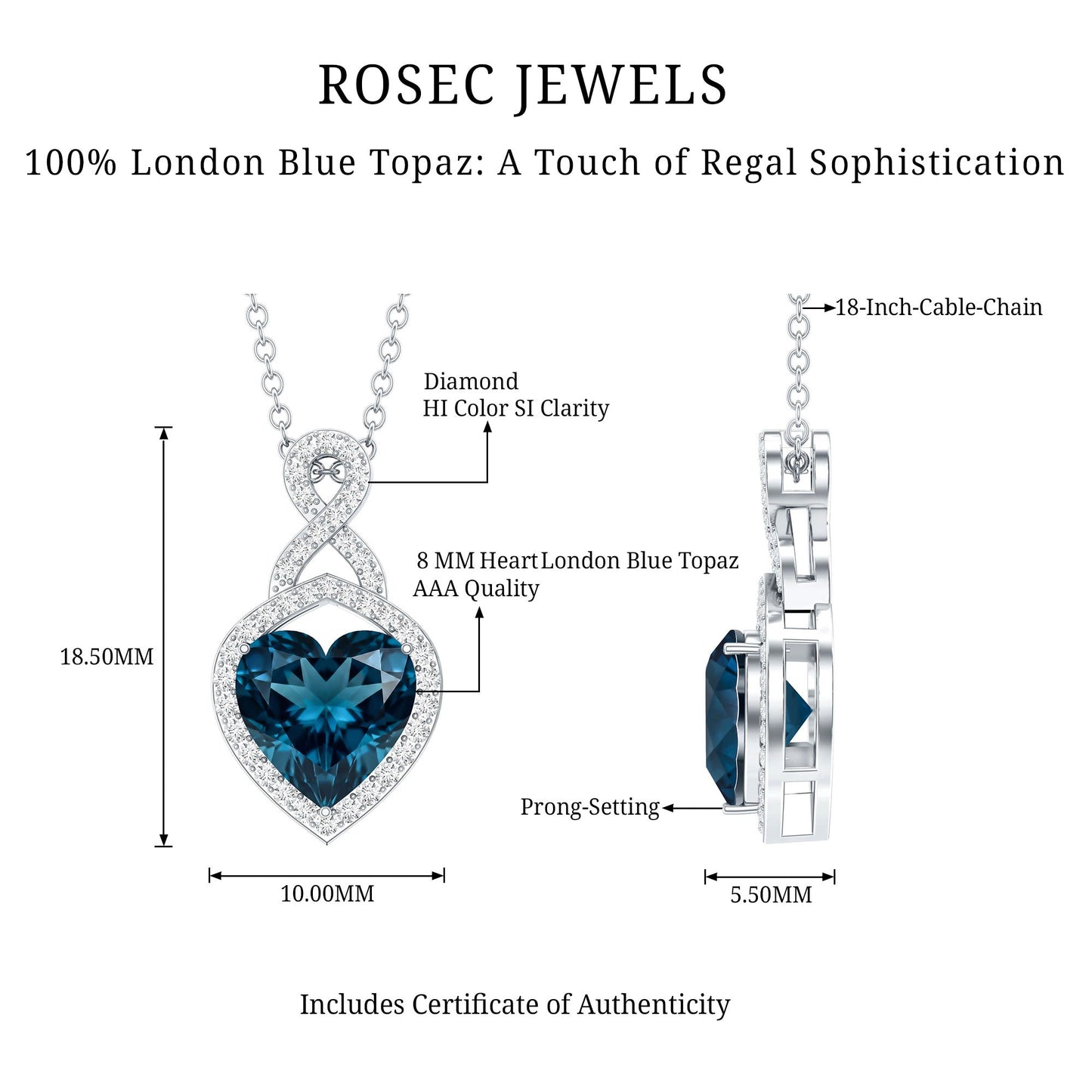 2 Carat Heart Shape London Blue Topaz Infinity Necklace with Diamond