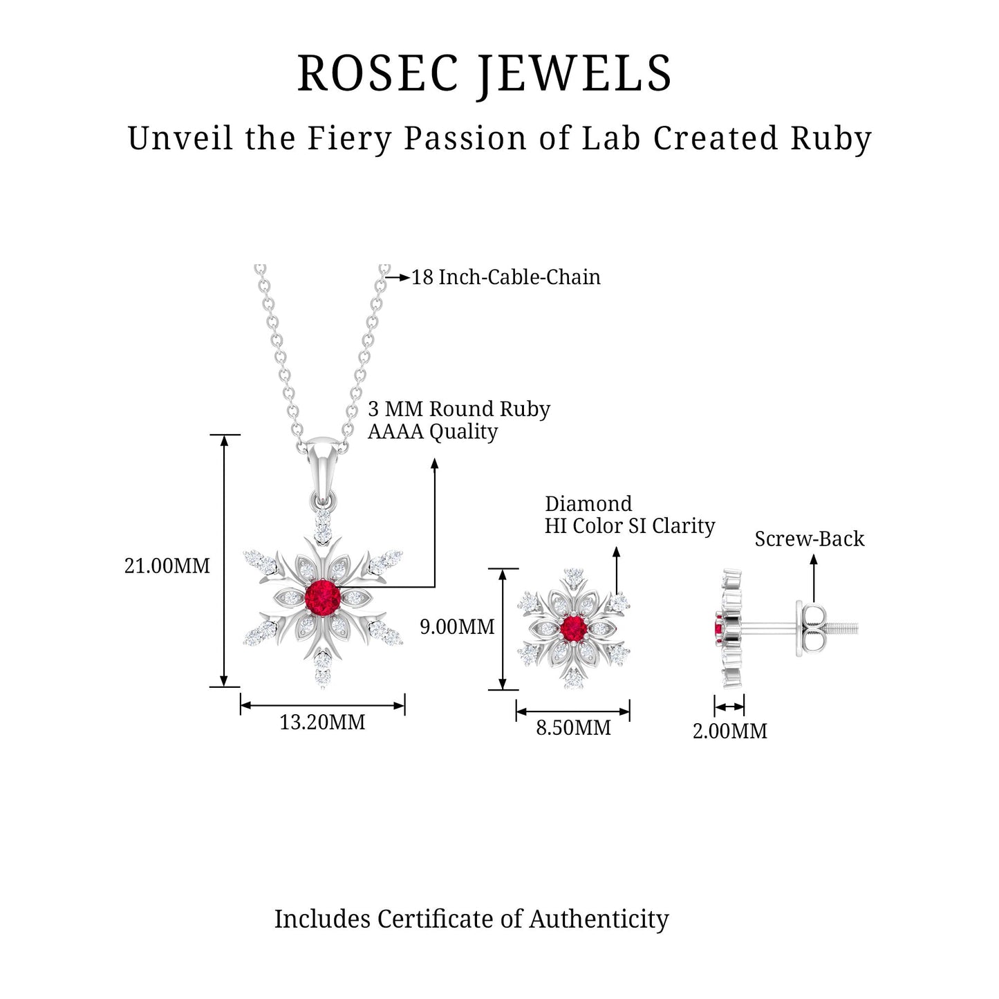 Lab Grown Ruby and Diamond Snowflake Necklace With Earrings