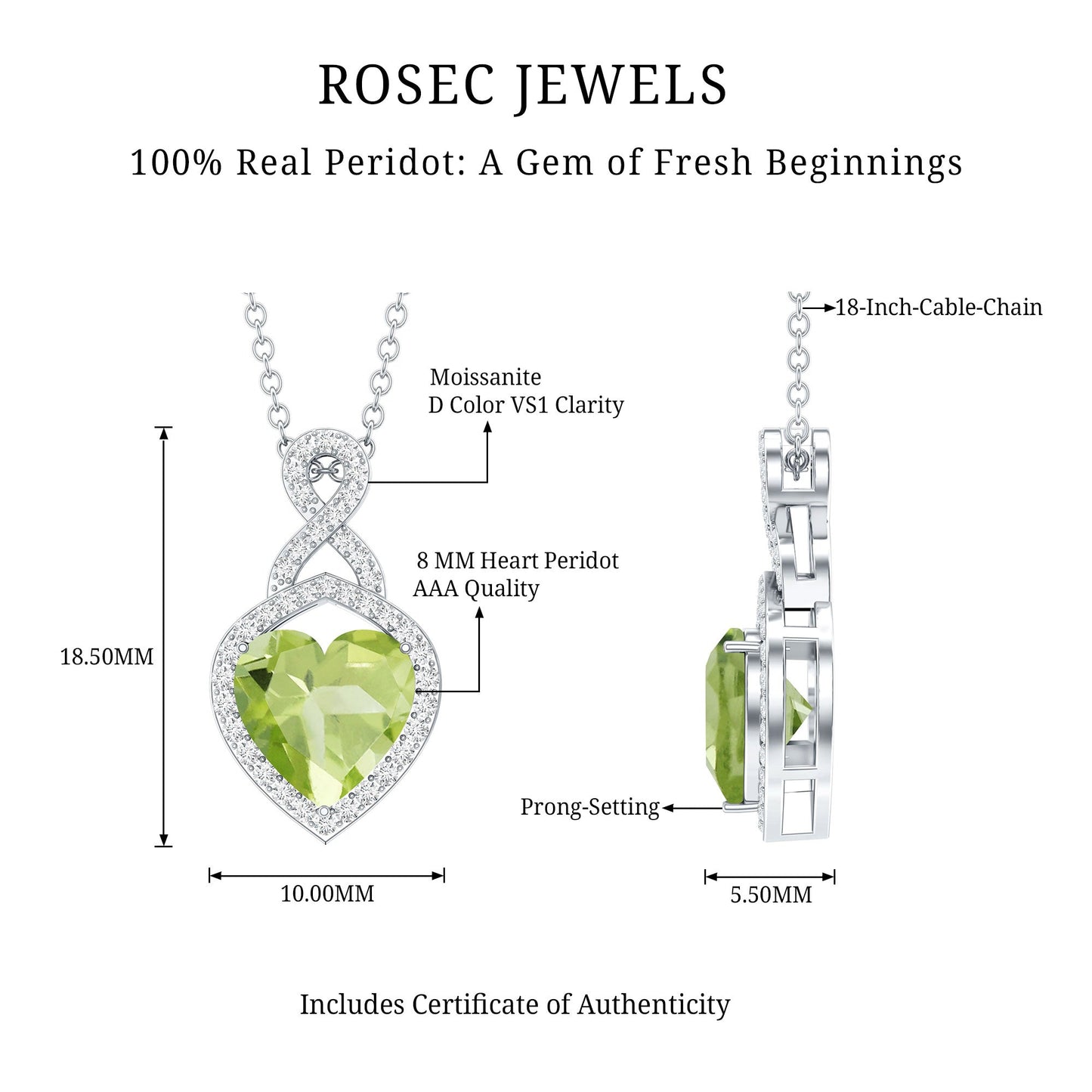 2 Carat Heart Shape Peridot Infinity Pendant with Moissanite