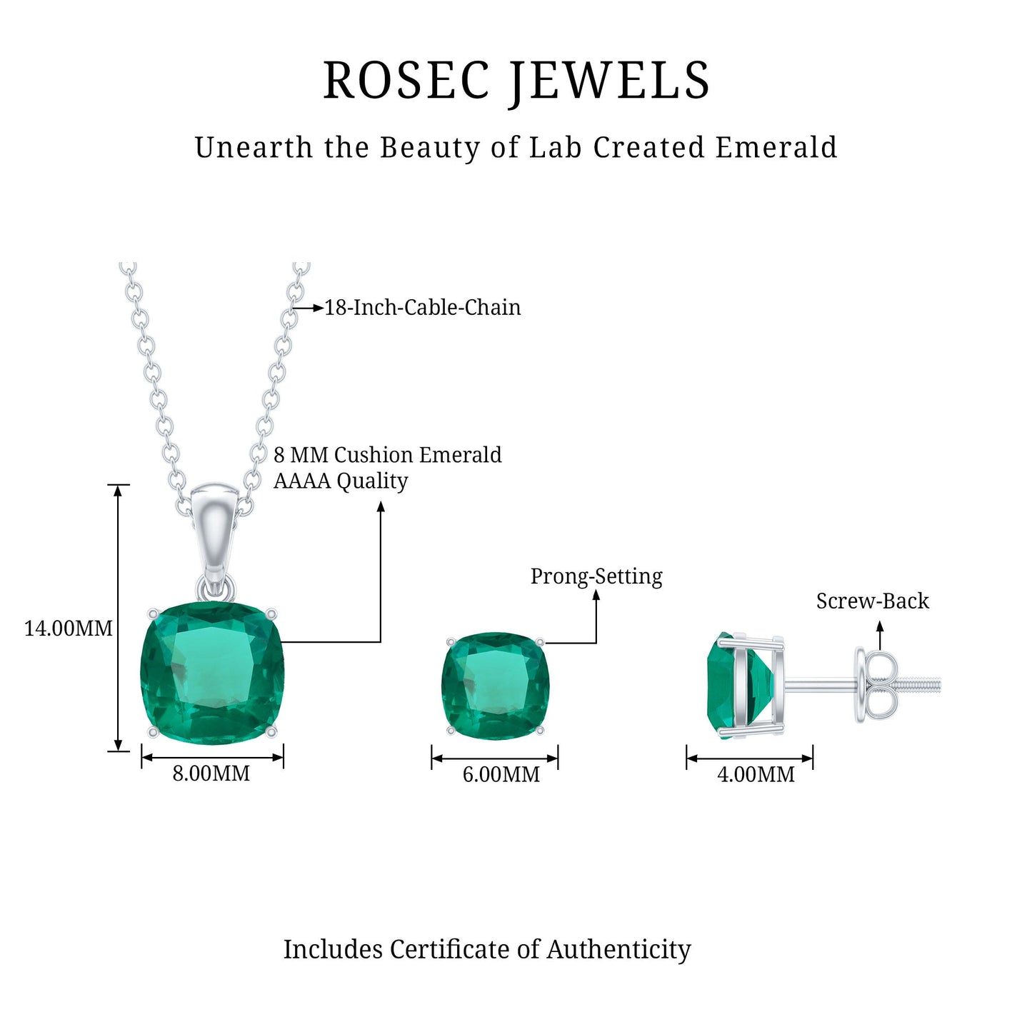 Certified Lab Grown Emerald Solitaire Jewelry Set