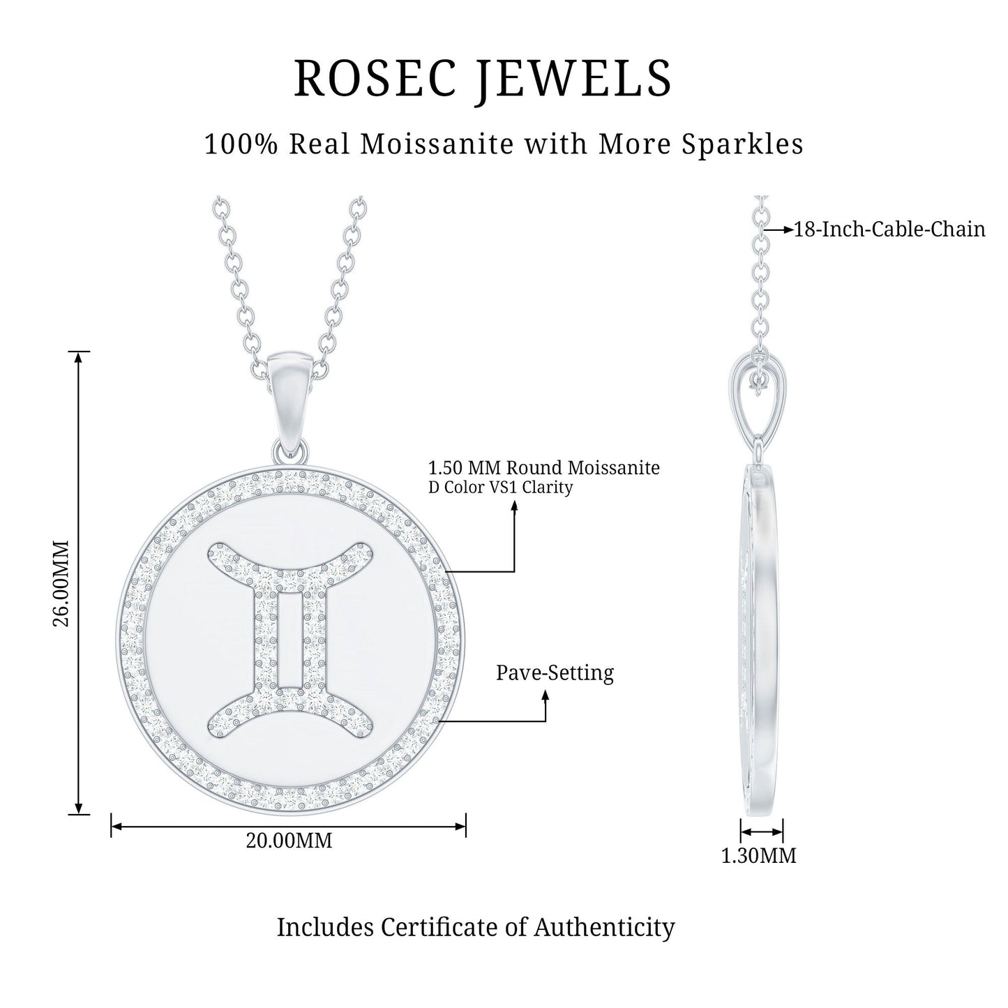Gemini Zodiac Sign Pendant with Pave Set Moissanite
