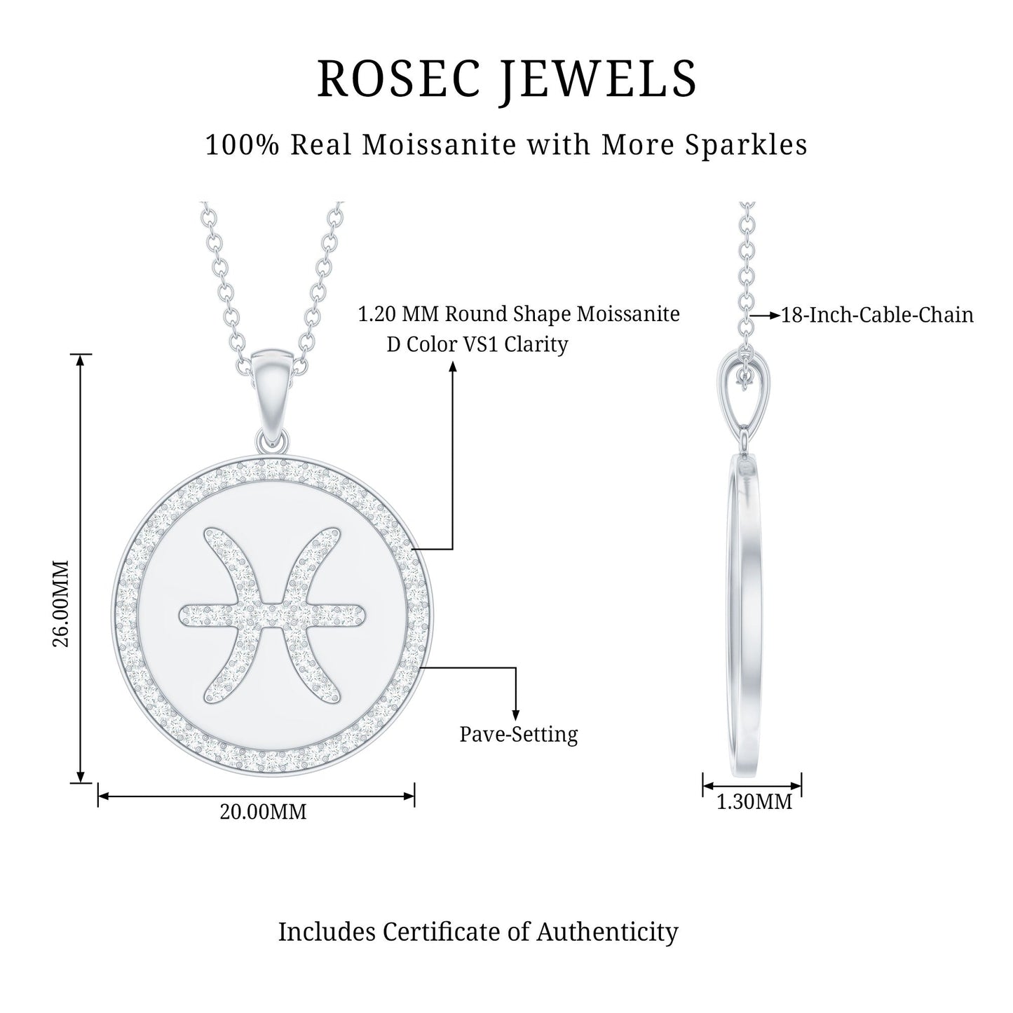 Certified Moissanite Pisces Zodiac Pendant with Disc