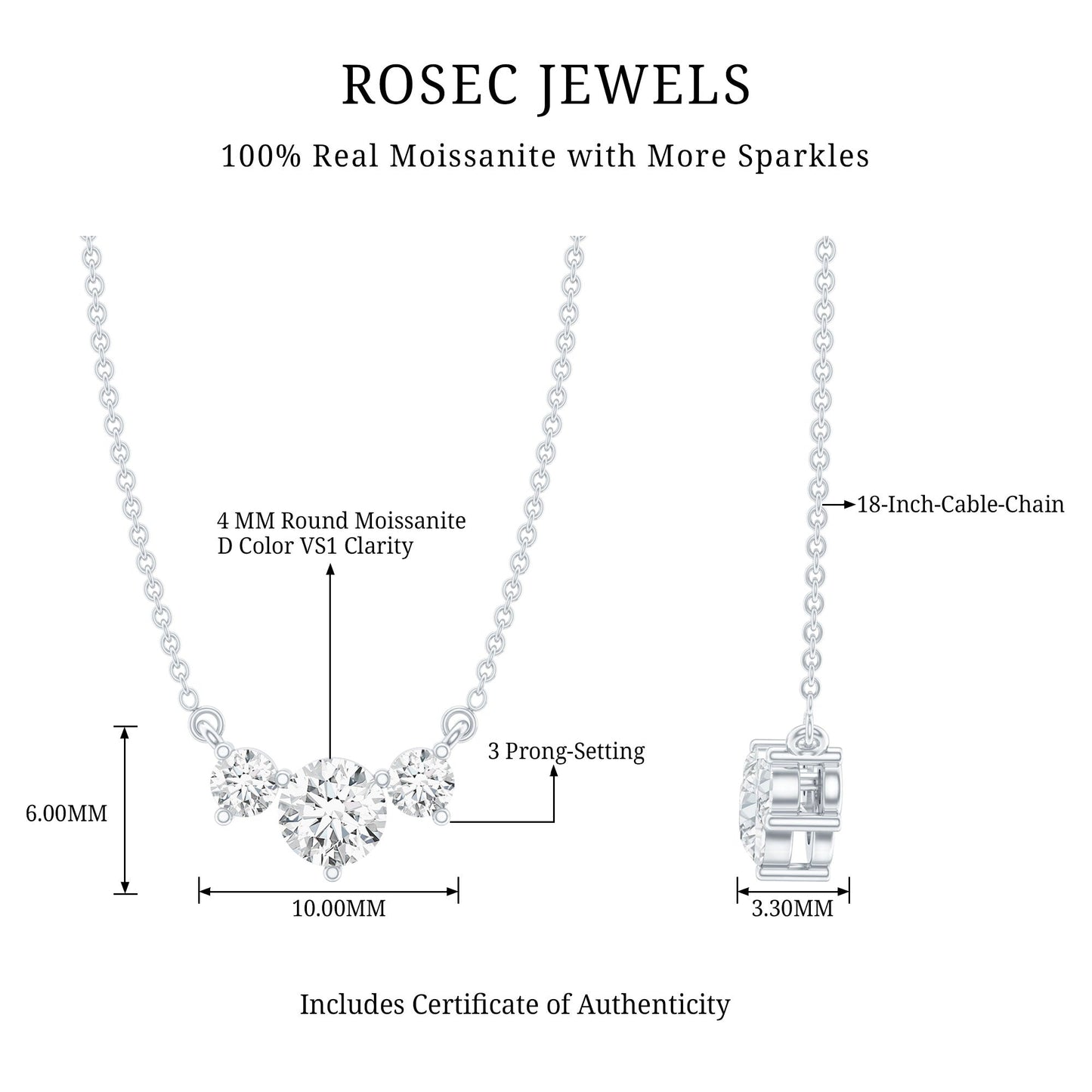 Certified Moissanite Three Stone Stackable Necklace