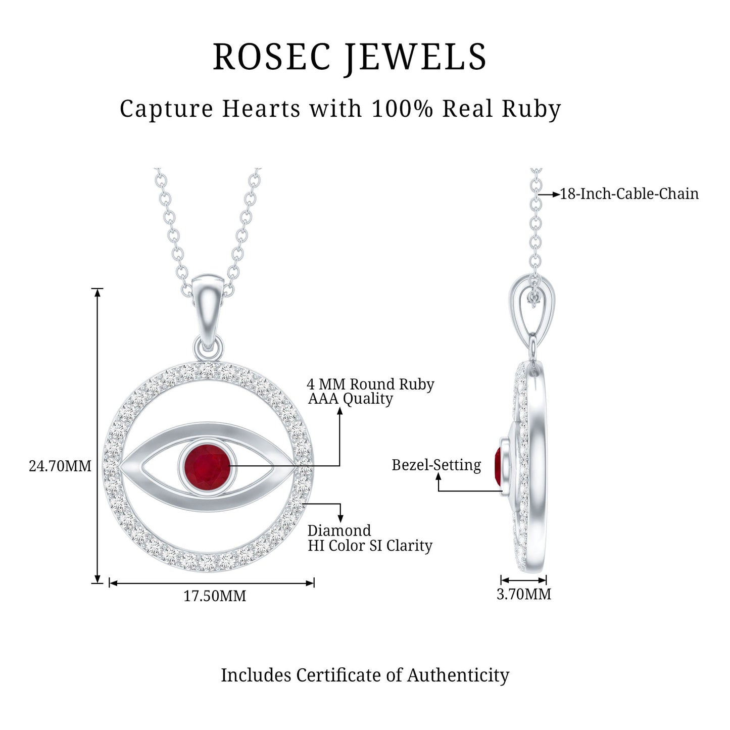 Real Ruby and Diamond Evil Eye Pendant Necklace