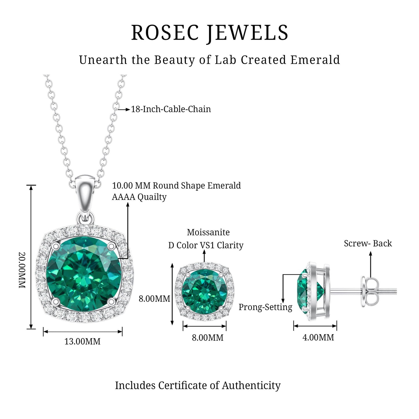 Certified Lab Grown Emerald Necklace and Earring Set for Women