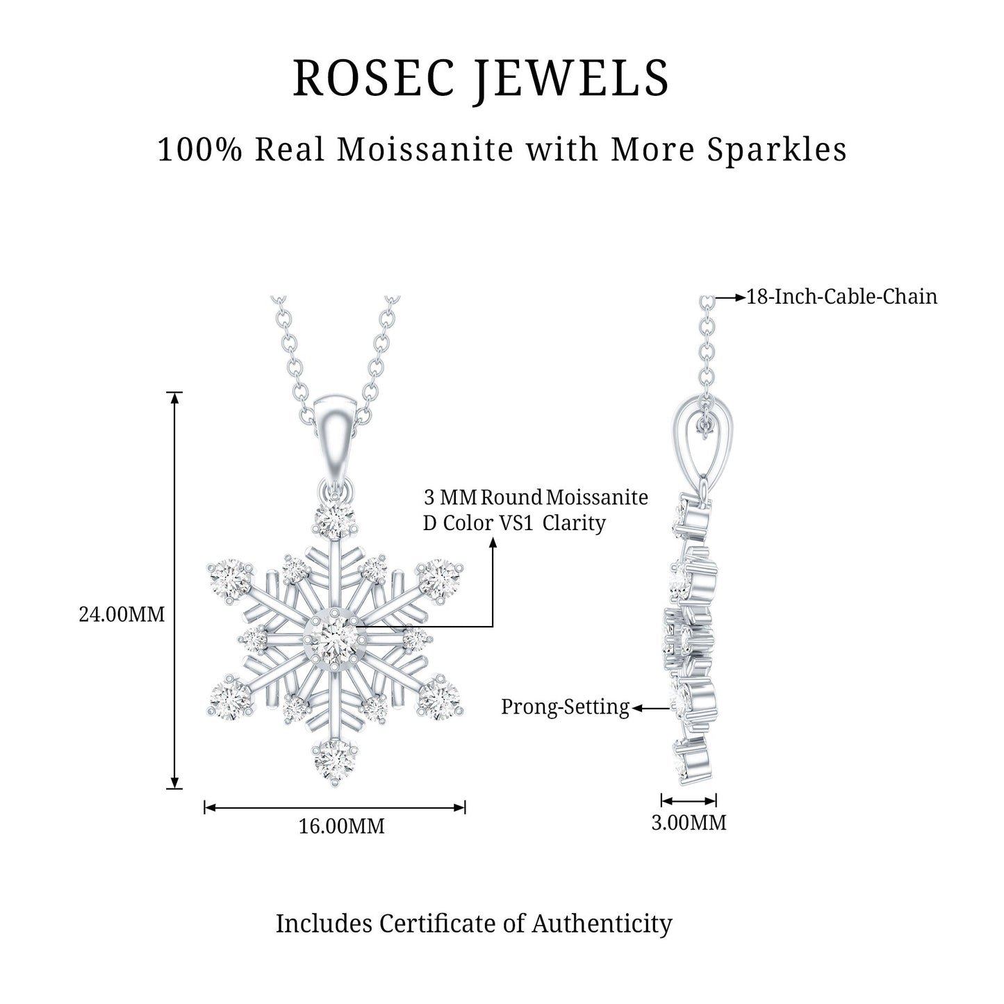 Certified Classic Moissanite Snowflake Pendant Necklace With Chain