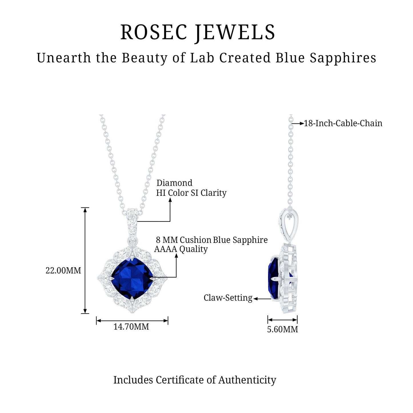 Vintage Inspired Lab Grown Blue Sapphire and Diamond Necklace