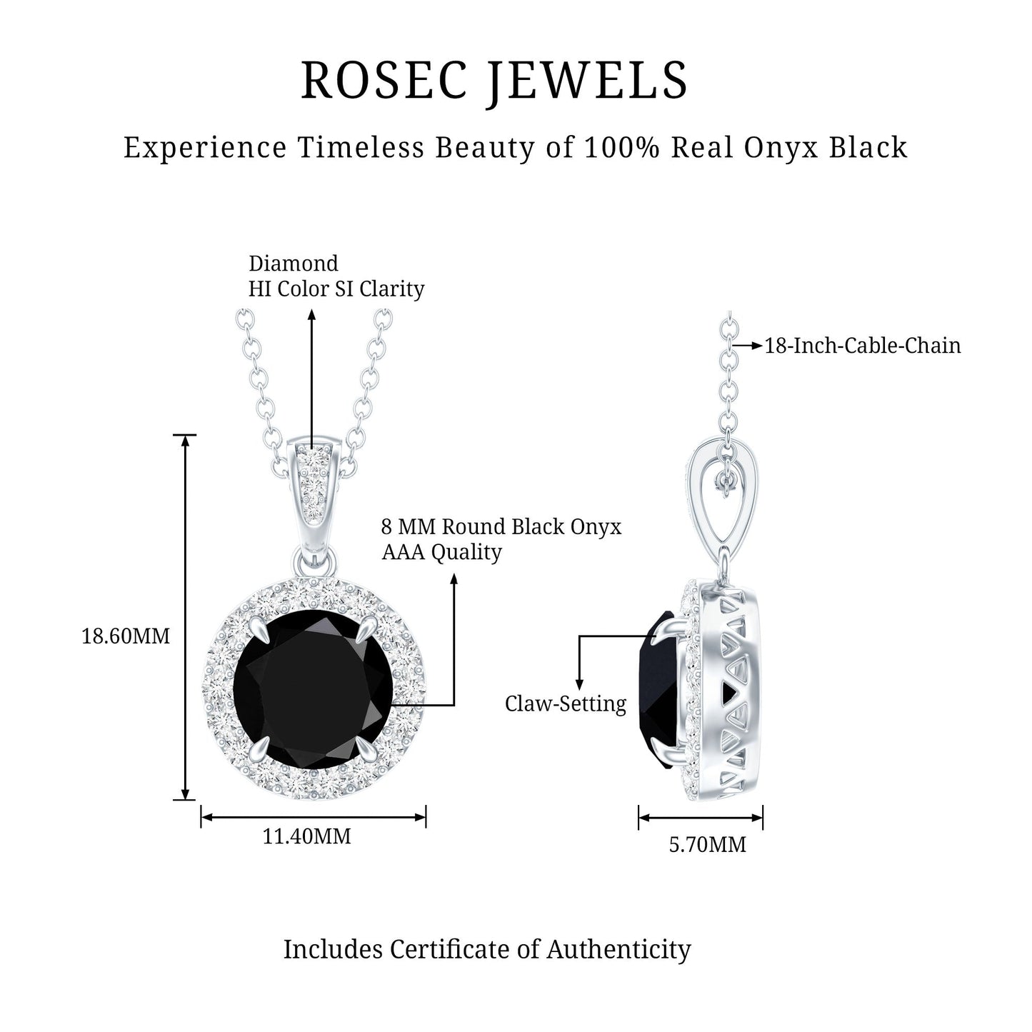 Real 2 Carat Black Onyx Pendant Necklace with Diamond Halo